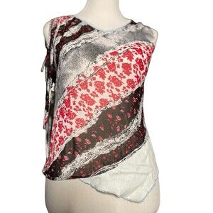 Dx2 Collection Medium Y2K Asymmetrical Fringe Patchwork Top Blue Red